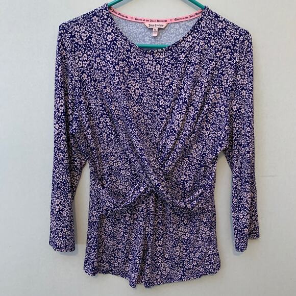 Juicy Couture Cross Front Floral 3/4 Sleeve Jersey Knit Top - Picture 1 of 5